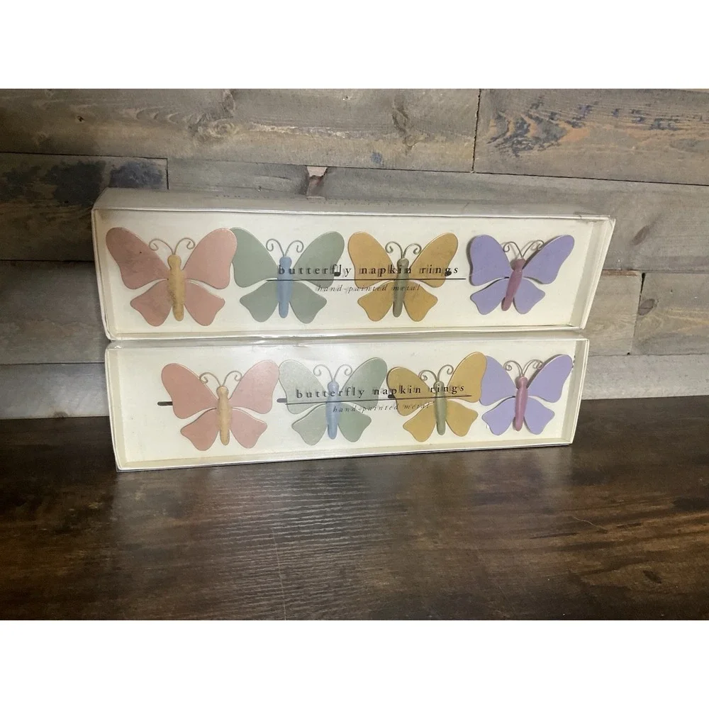 BUTTERFLY Napkin Rings Pier 1 Imports Set of 8 Hand Painted Metal NIB